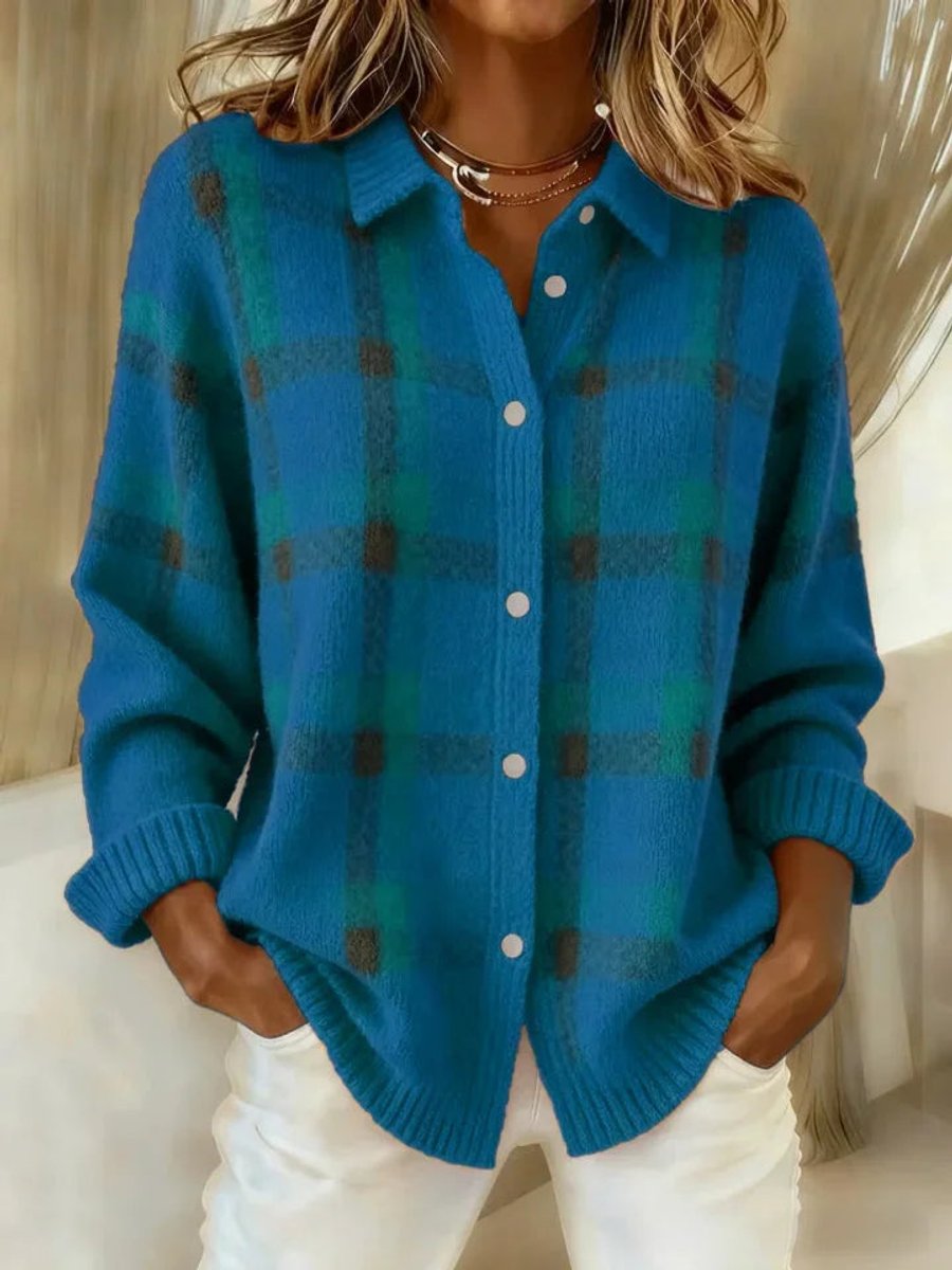 Women's Jacket Plaid Knit Button-Up Shacket - Blue