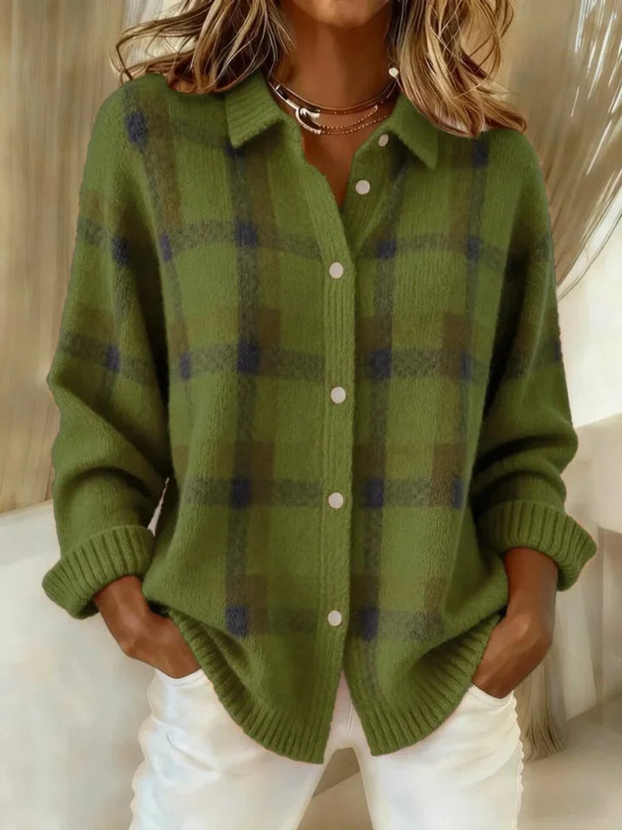 Women's Jacket Plaid Knit Button-Up Shacket - Green