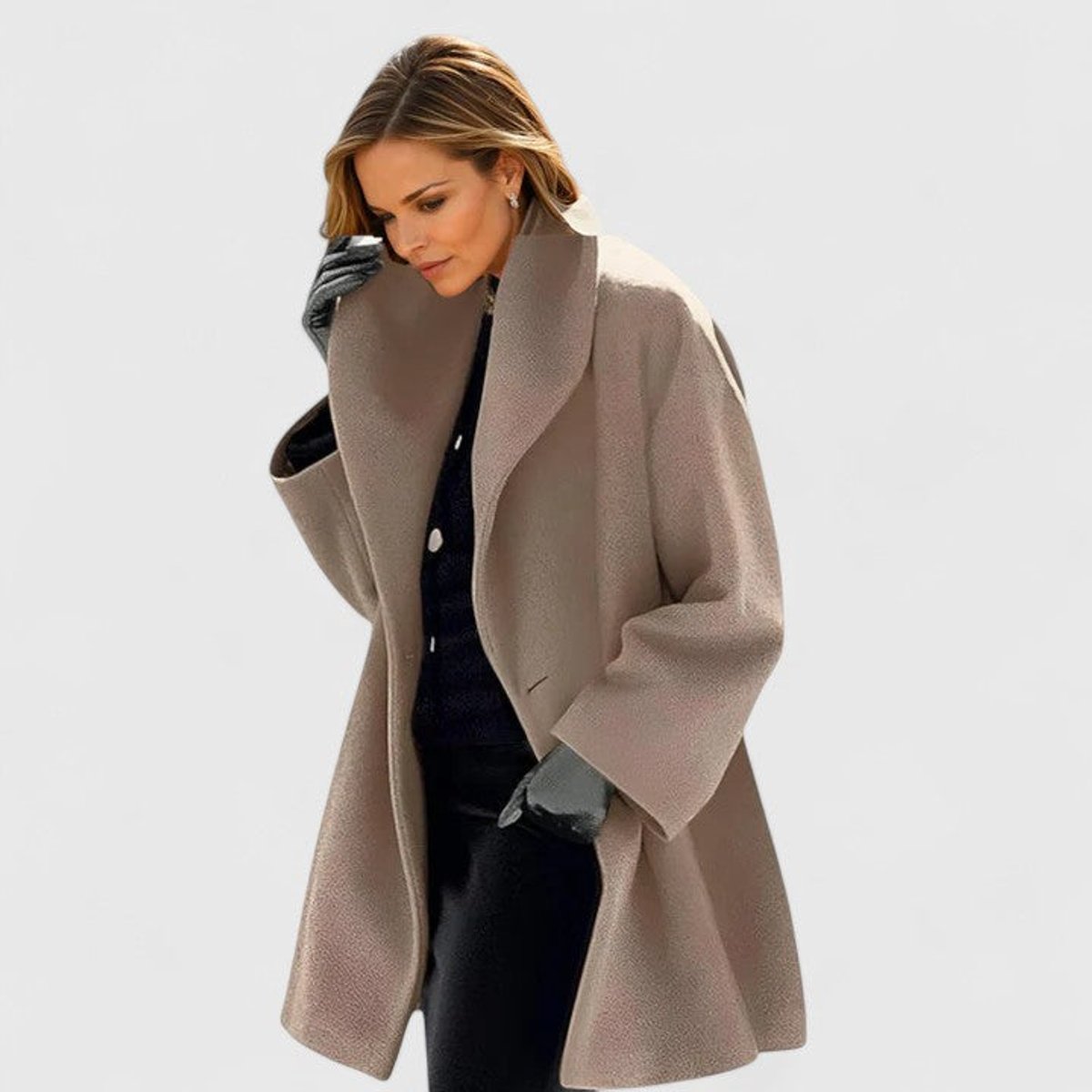 Women's Jacket Relaxed-Fit Lapel Wool-Blend Elegant Coat - Khaki