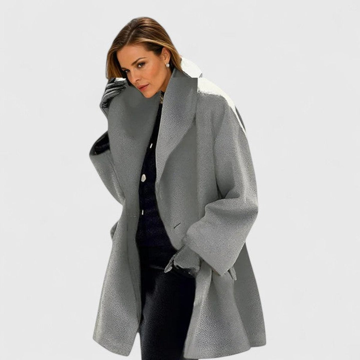 Women's Jacket Relaxed-Fit Lapel Wool-Blend Elegant Coat - Gray
