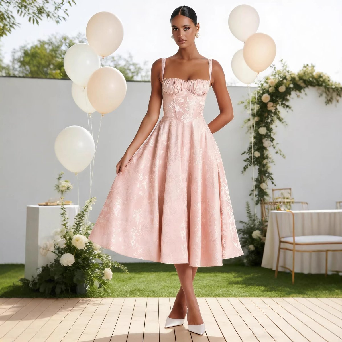 Women's Jacquard Sweetheart Corset Midi Cocktail Dress - Pink