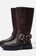 Women's Knee High Boots Chunky Flat Faux Leather Buckle - Brown