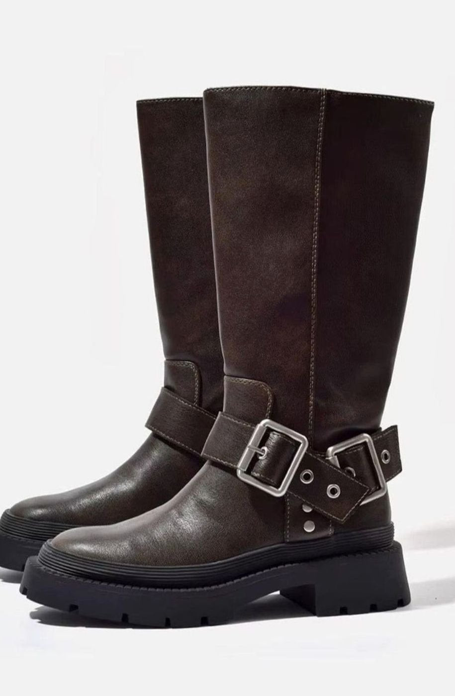 Women's Knee High Boots Chunky Flat Faux Leather Buckle - Brown