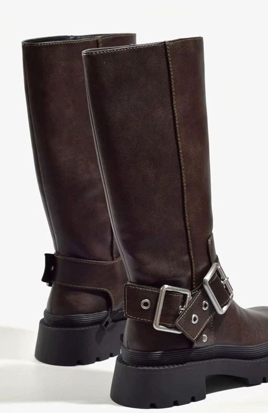 Women's Knee High Boots Chunky Flat Faux Leather Buckle