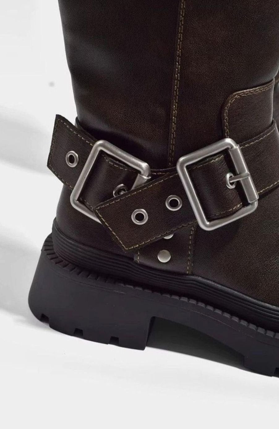 Women's Knee High Boots Chunky Flat Faux Leather Buckle