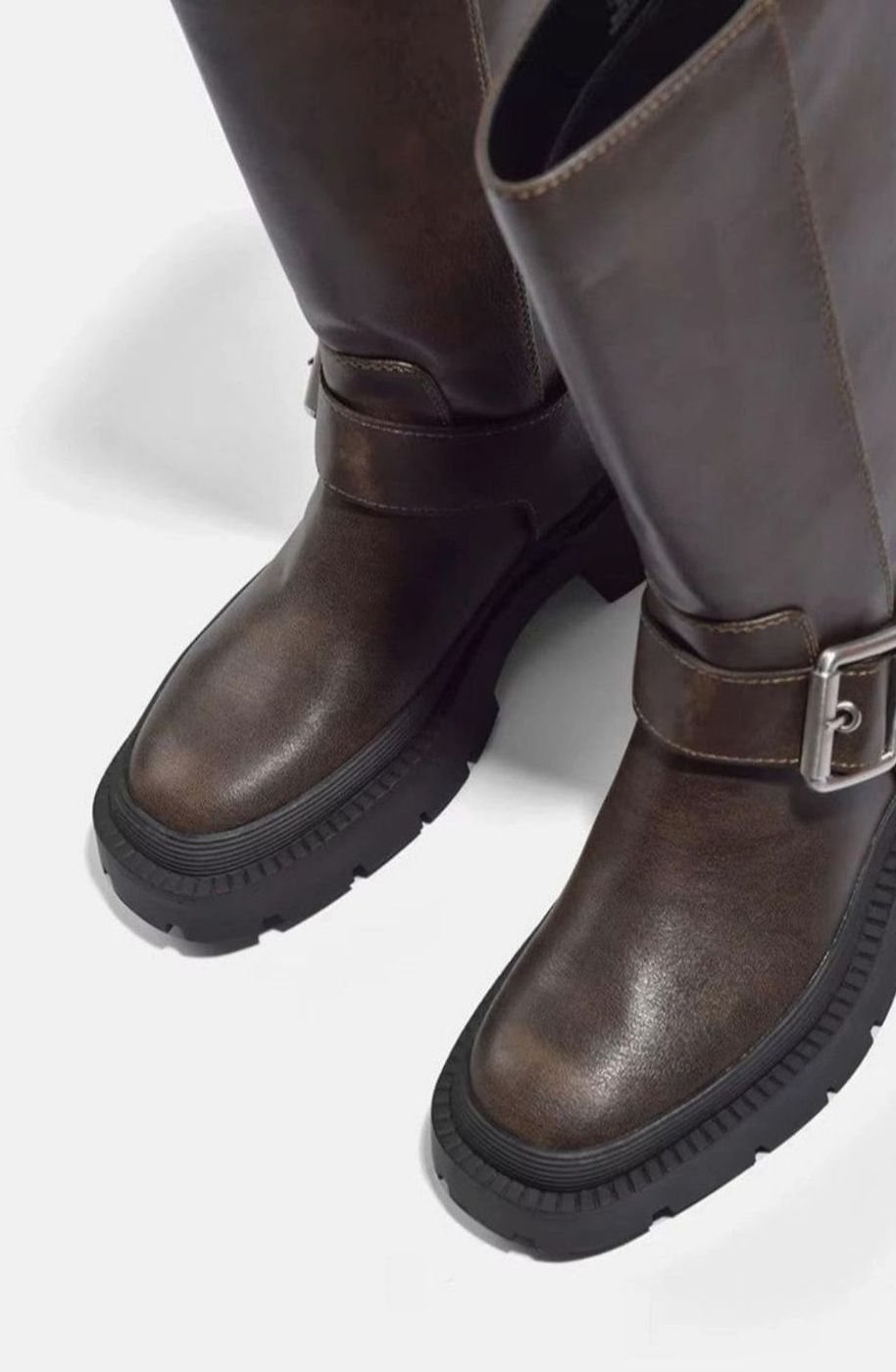 Women's Knee High Boots Chunky Flat Faux Leather Buckle