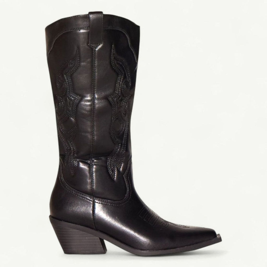 Women's Knee High Boots Pointed-Toe Embroidered Western Cowboy - Black