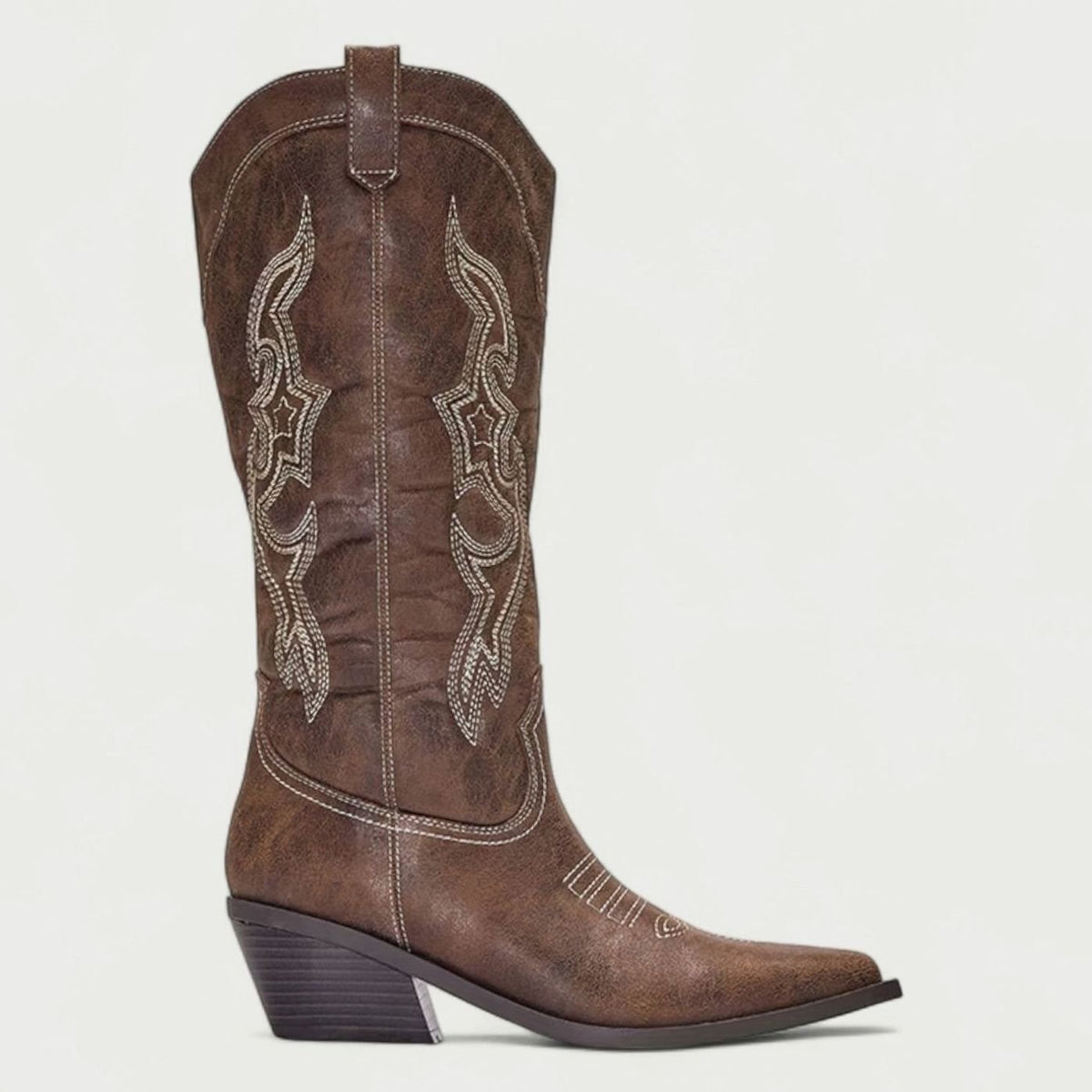 Women's Knee High Boots Pointed-Toe Embroidered Western Cowboy - Brown
