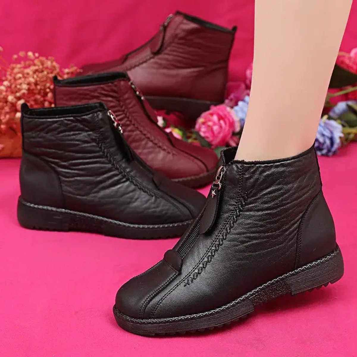 Women's Knee High Boots Waterproof Slip-Resistant Leather Ankle Booties