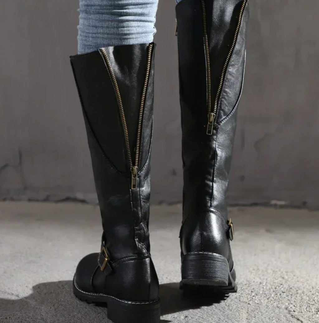 Women's Knee-High Buckle-Strap Block-Heel Leather Boots - Black