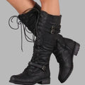 Women's Knee-High Lace-Up Buckle Combat Boots - Black