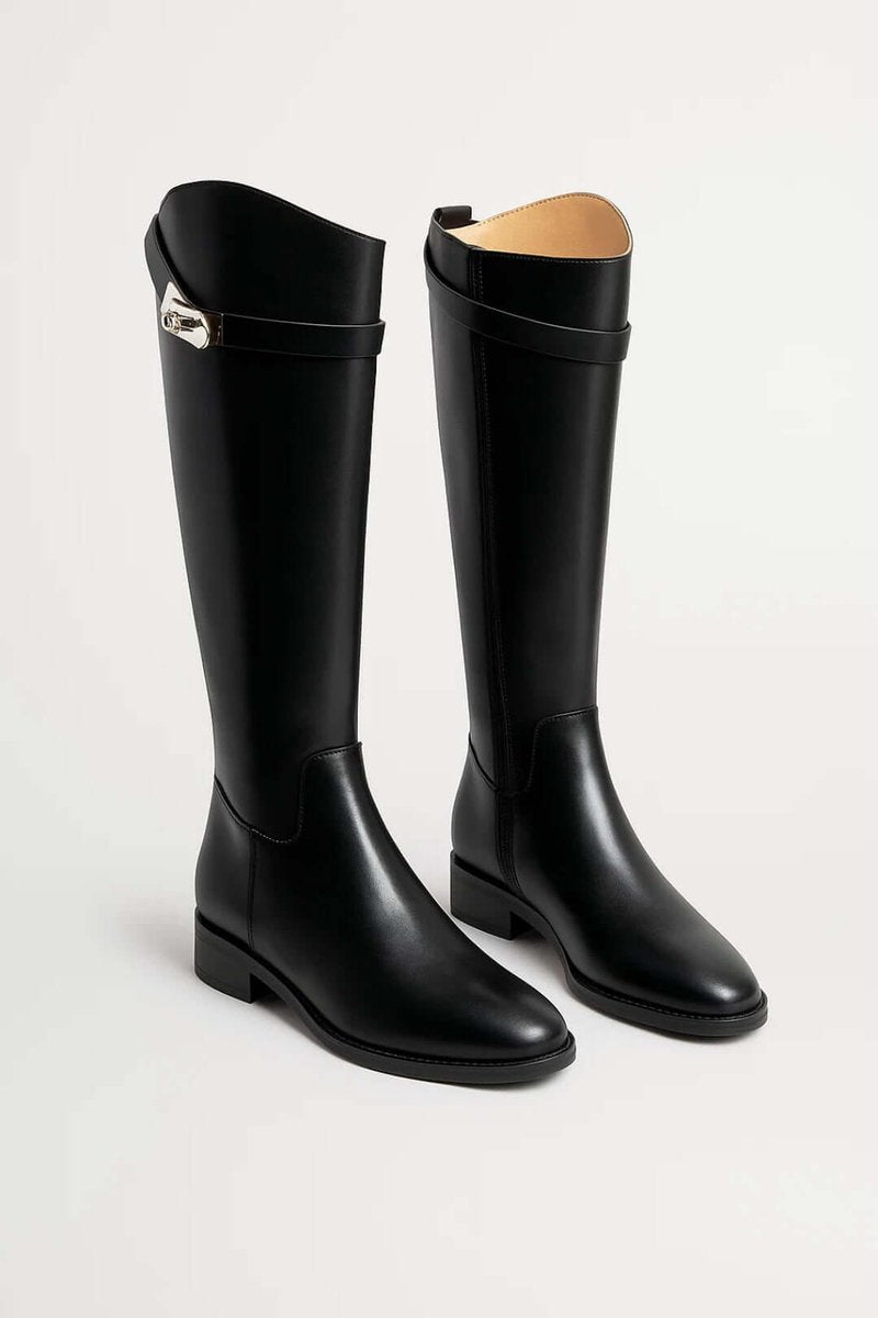 Women's Knee-High Leather-Look Buckle Strap Riding Boots - Black