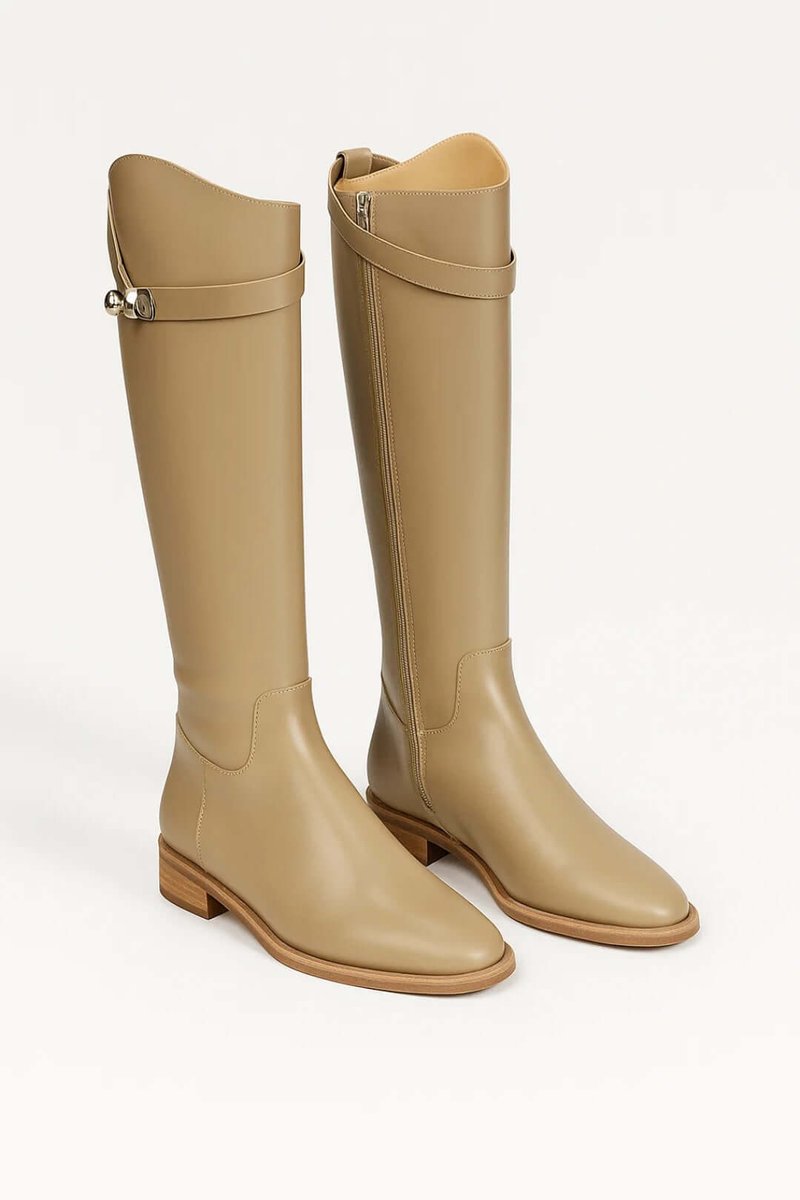 Women's Knee-High Leather-Look Buckle Strap Riding Boots - Beige