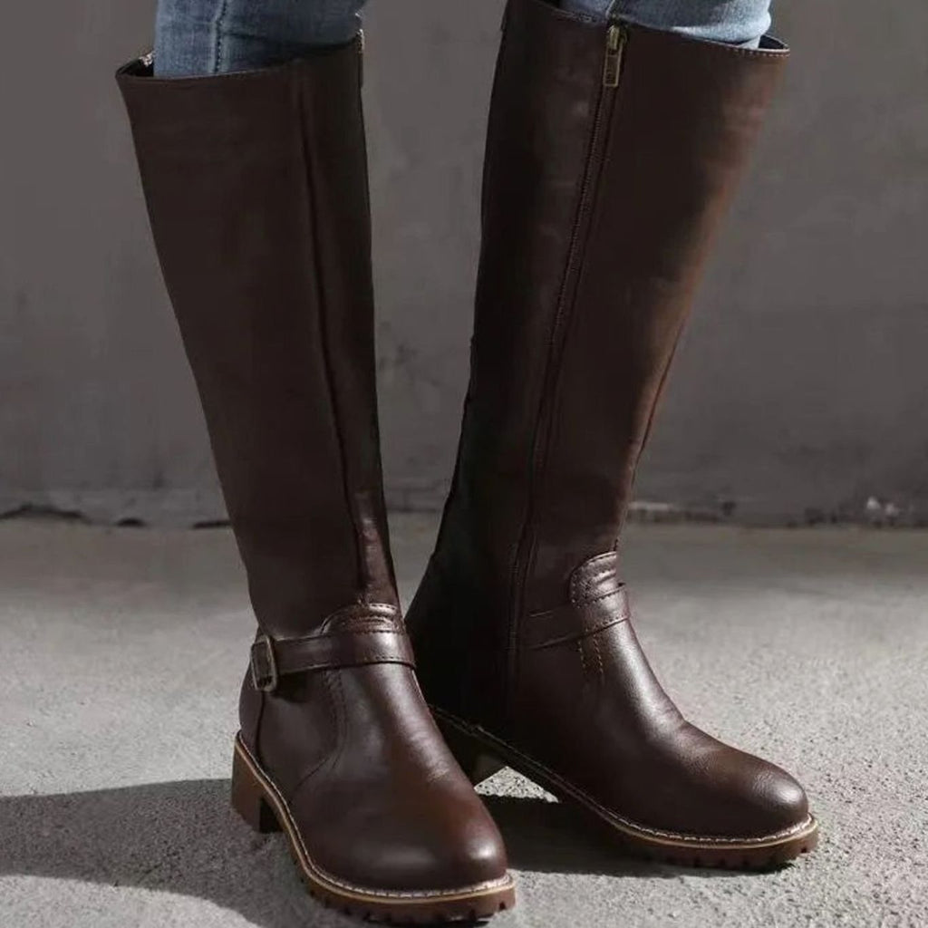 Women's Knee-High Orthopedic Buckle Leather Boots - Dark Brown