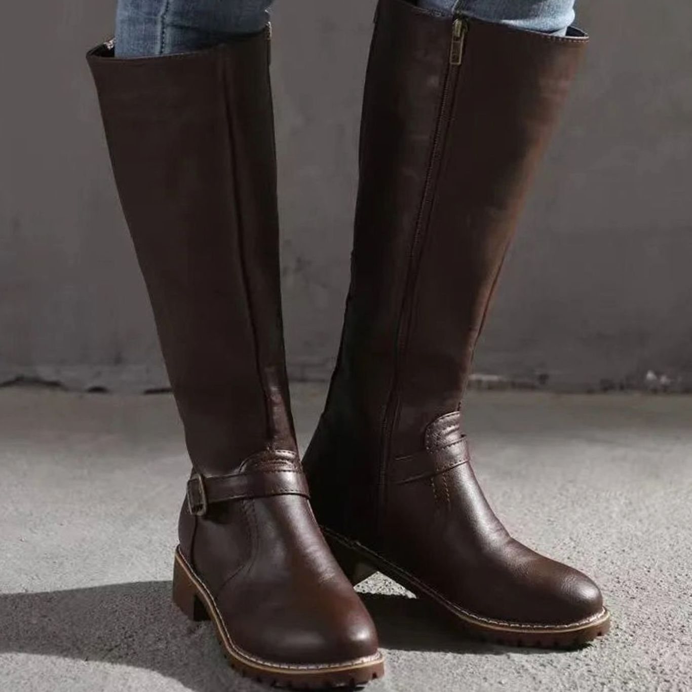 Women's Knee-High Orthopedic Buckle Leather Boots - Dark Brown