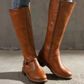 Women's Knee-High Orthopedic Buckle Leather Boots - Light Brown