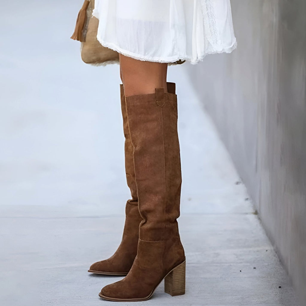Women's Knee-High Pointed Toe Block Heel Suede Boots