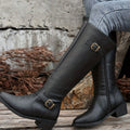 Women's Knee-High Riding Boots Buckle Detail Low Heel - Black
