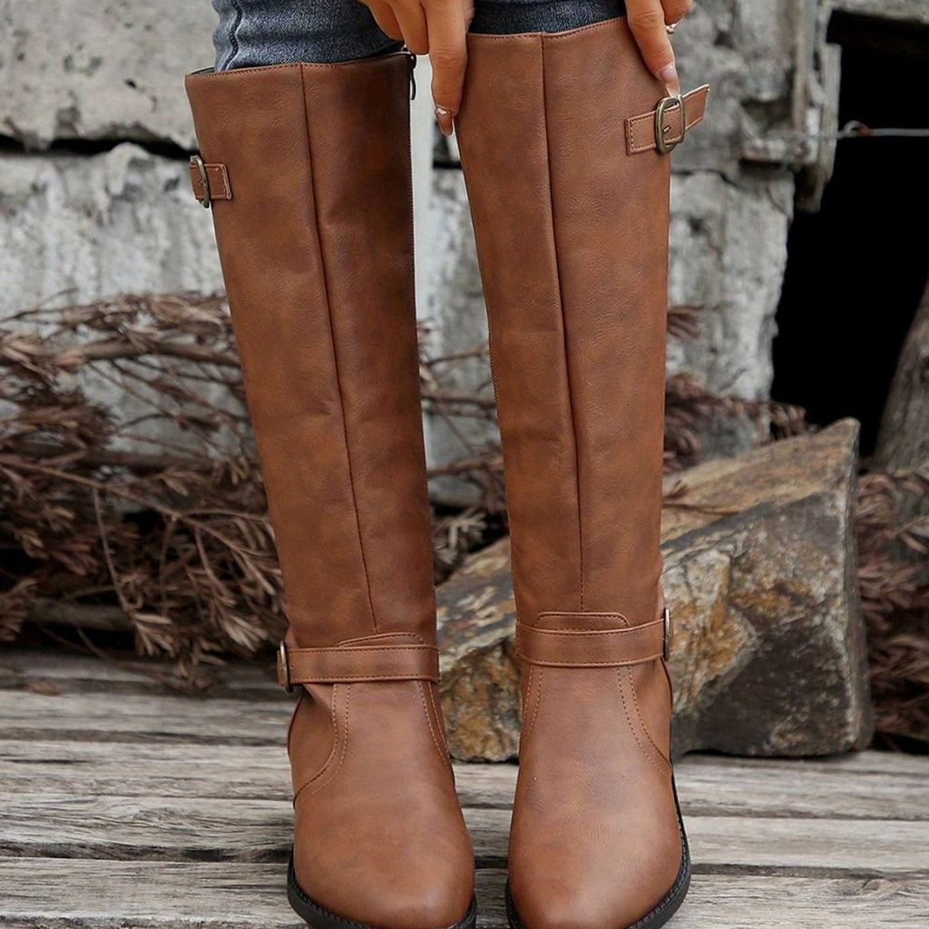 Women's Knee-High Riding Boots Buckle Detail Low Heel