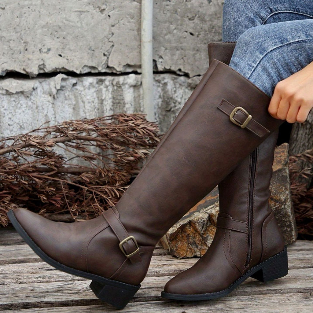 Women's Knee-High Riding Boots Buckle Detail Low Heel - Dark Brown
