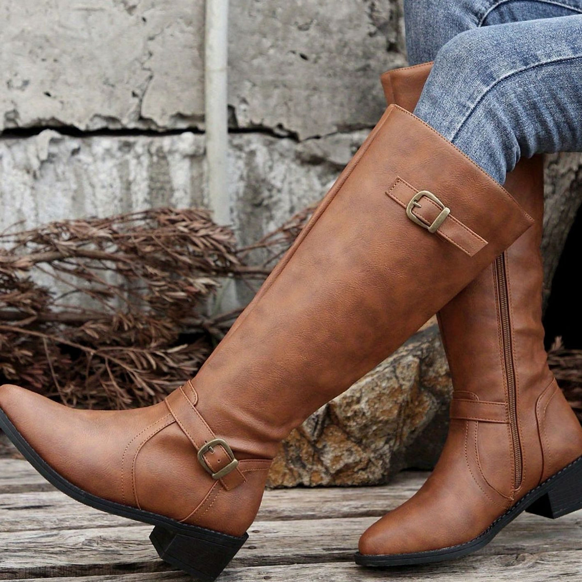 Women's Knee-High Riding Boots Buckle Detail Low Heel - Light Brown