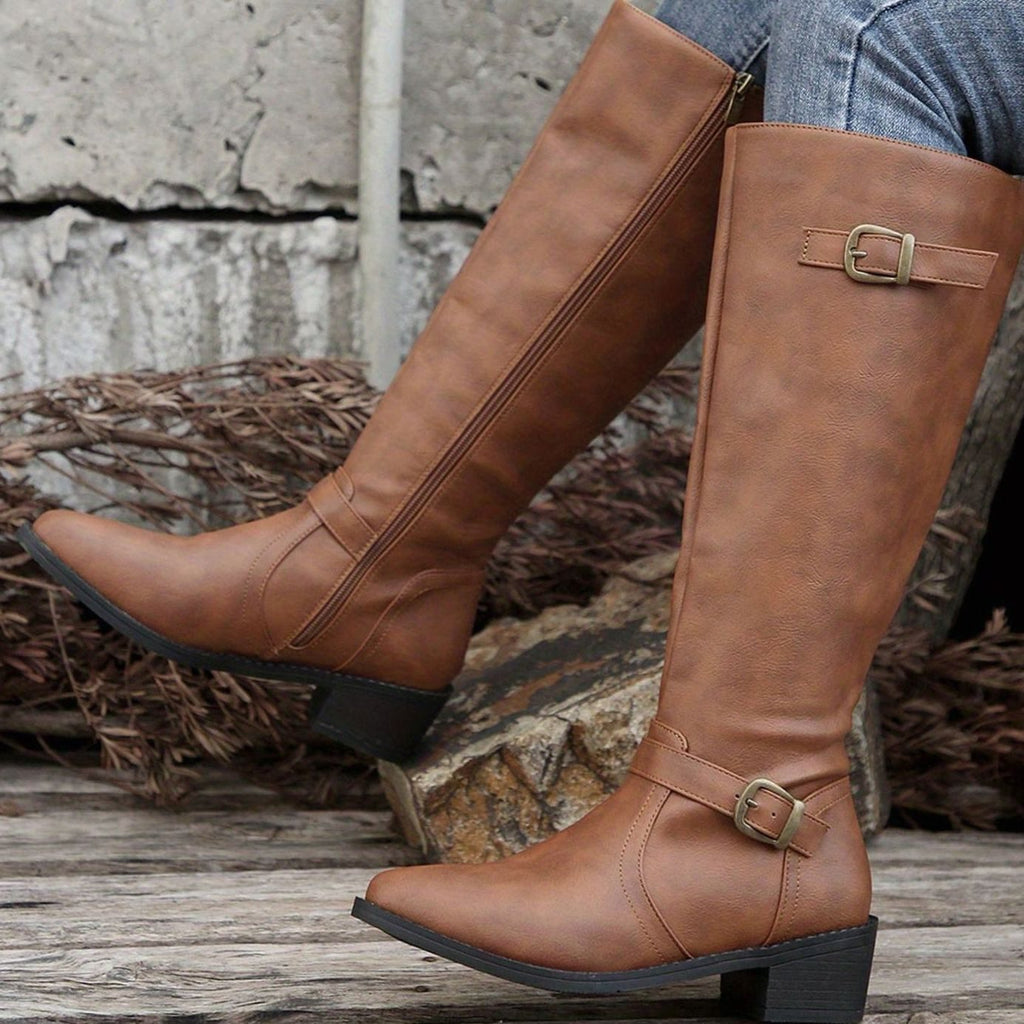 Women's Knee-High Riding Boots Buckle Detail Low Heel