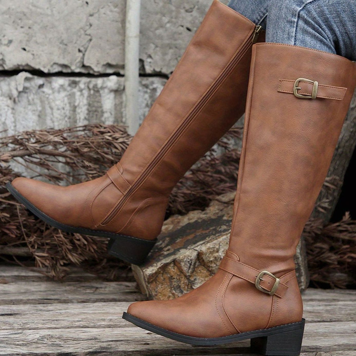 Women's Knee-High Riding Boots Buckle Detail Low Heel