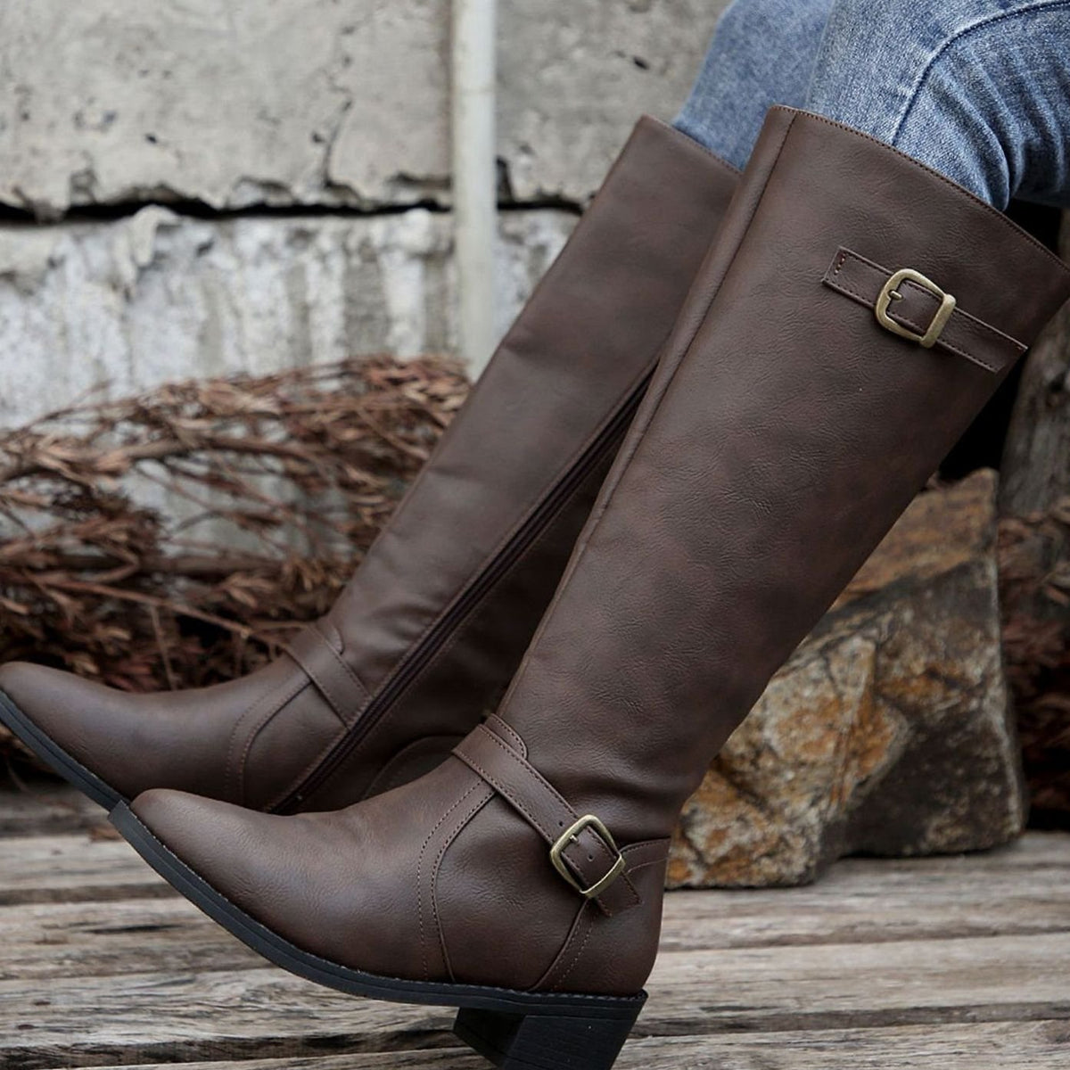 Women's Knee-High Riding Boots Buckle Detail Low Heel