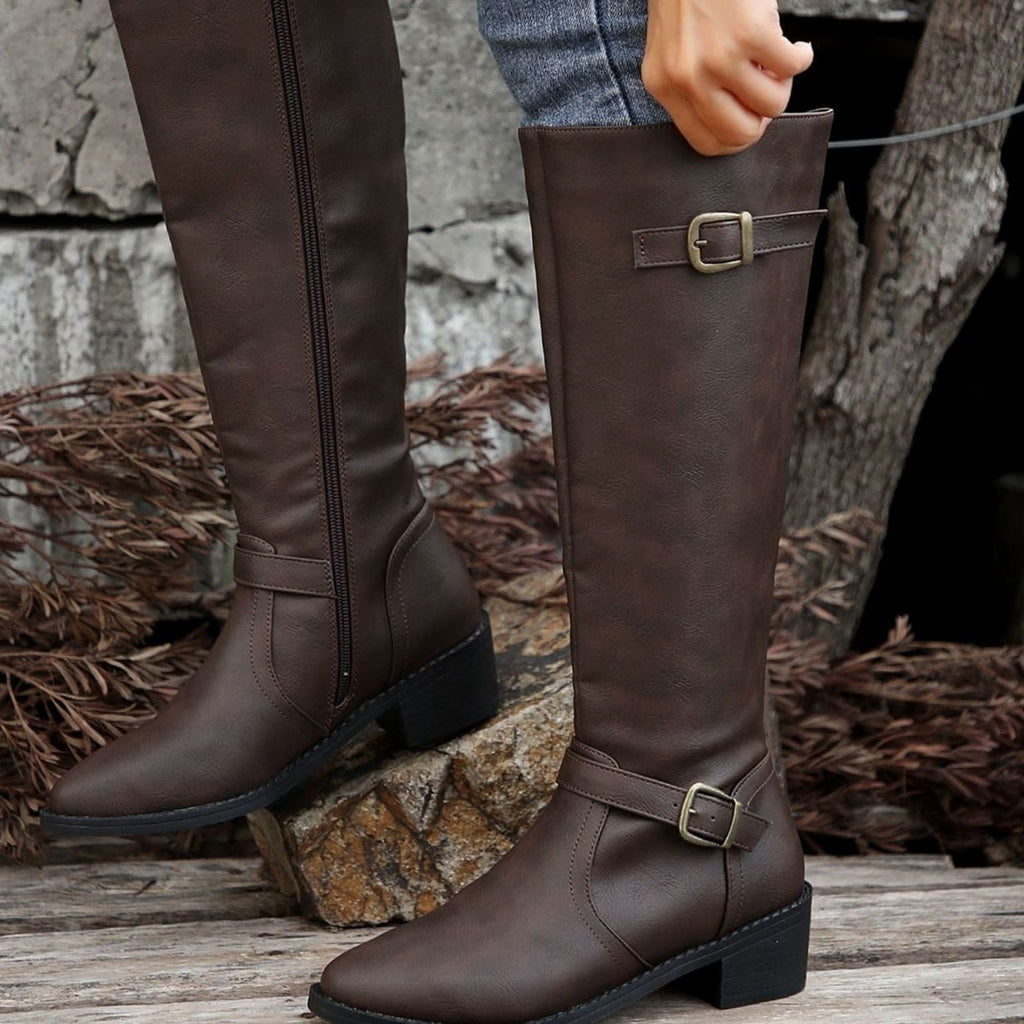 Women's Knee-High Riding Boots Buckle Detail Low Heel