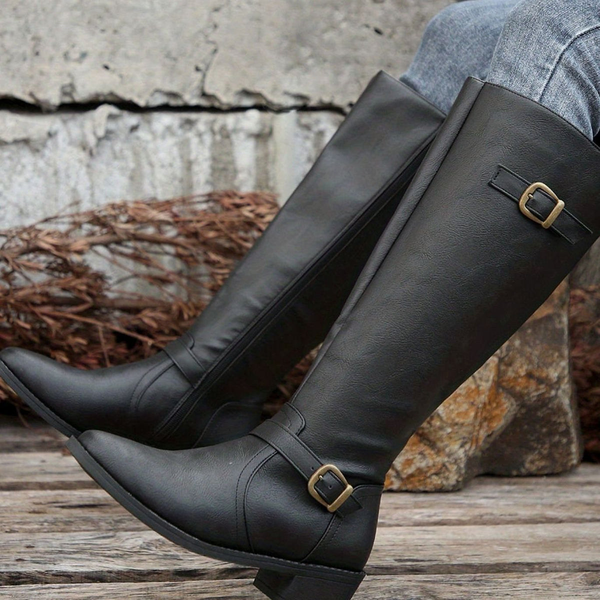 Women's Knee-High Riding Boots Buckle Detail Low Heel