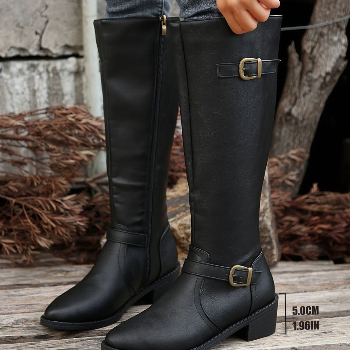 Women's Knee-High Riding Boots Buckle Detail Low Heel