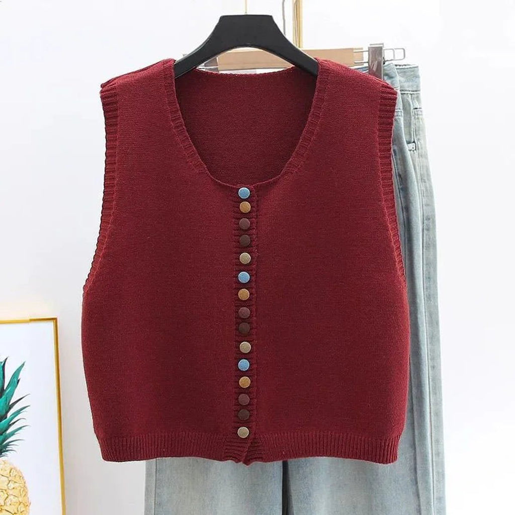 Women's Knit Button-Front Sleeveless Vest Sweater - Burgundy