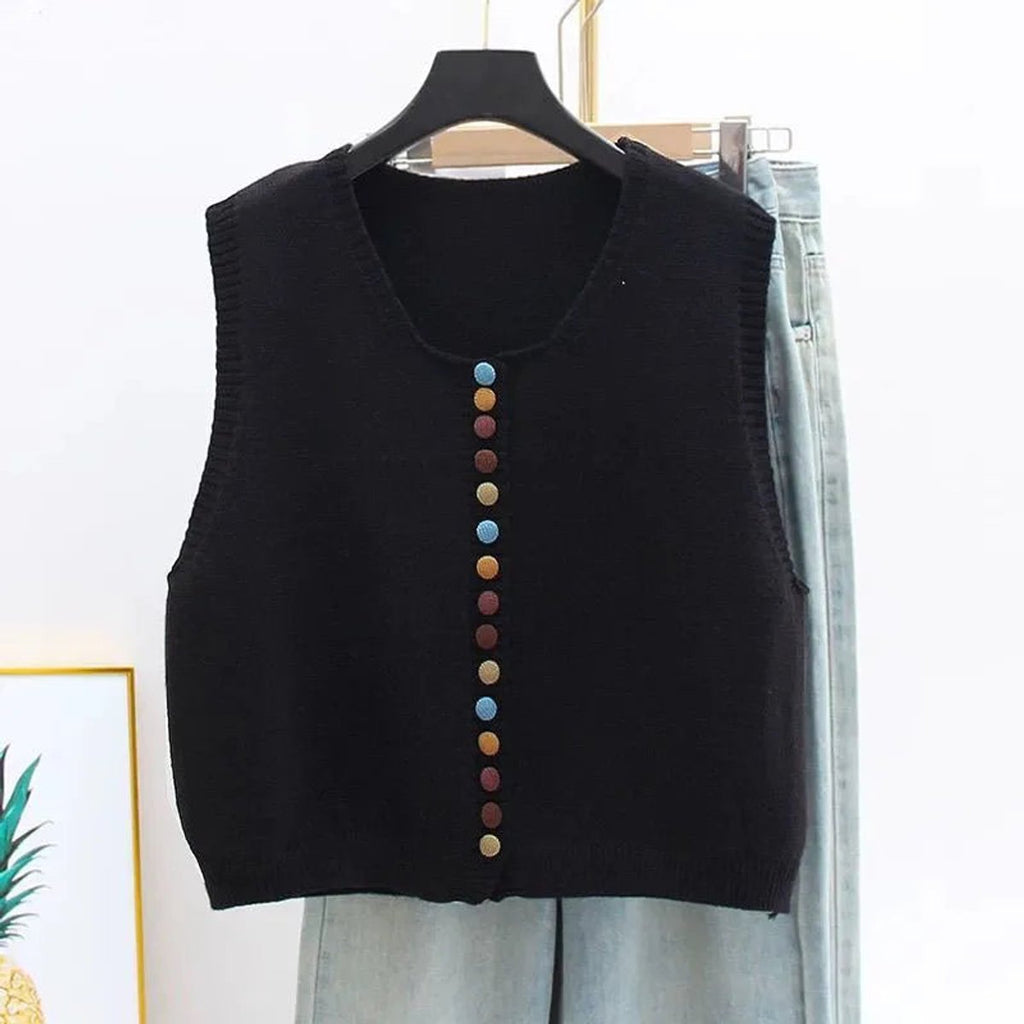 Women's Knit Button-Front Sleeveless Vest Sweater - Black
