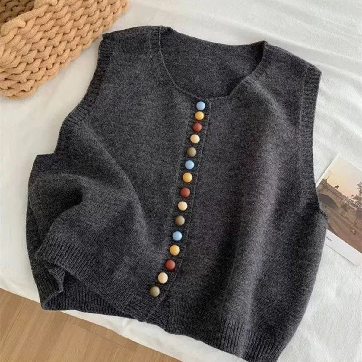 Women's Knit Button-Front Sleeveless Vest Sweater - Gray