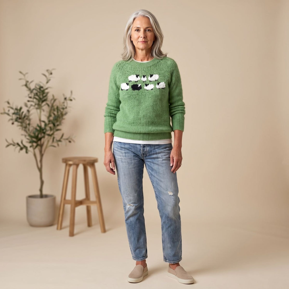 Women's Knit Crewneck Pullover Sweater Sheep Graphic