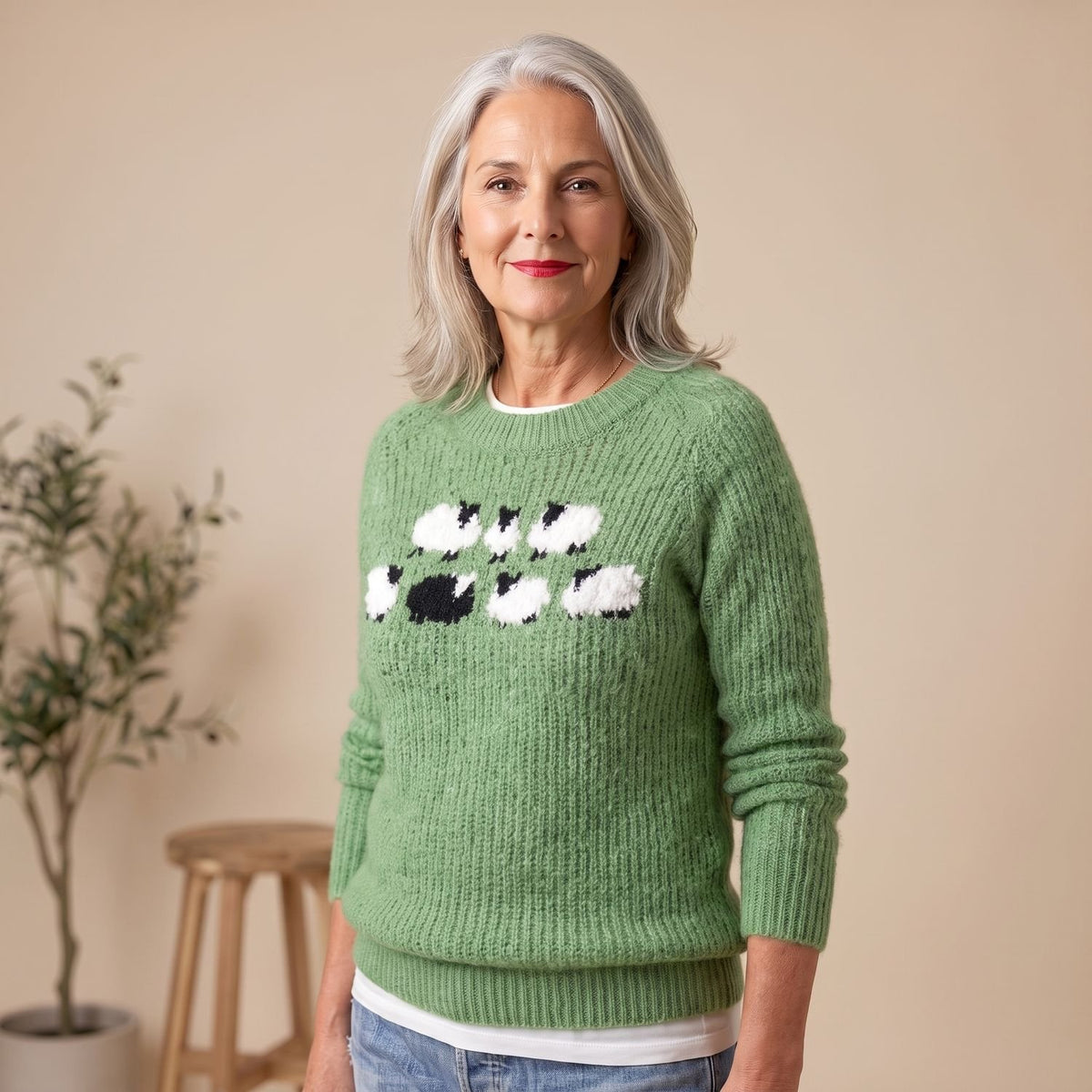 Women's Knit Crewneck Pullover Sweater Sheep Graphic