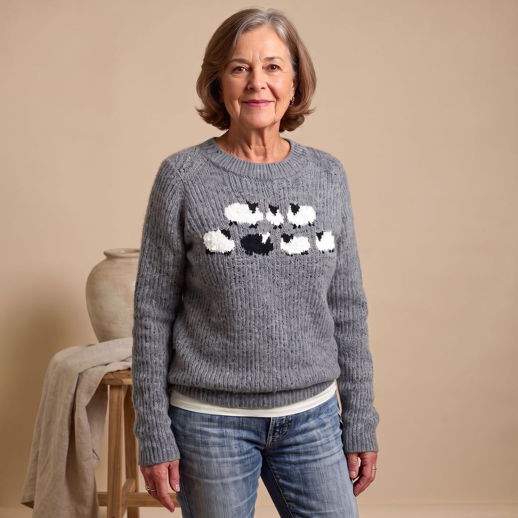 Women's Knit Crewneck Pullover Sweater Sheep Intarsia