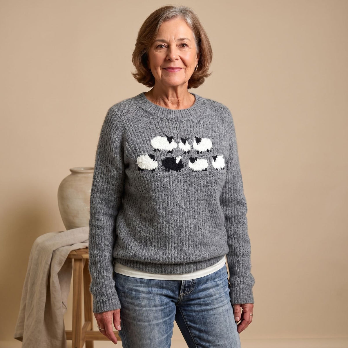 Women's Knit Crewneck Pullover Sweater Sheep Intarsia