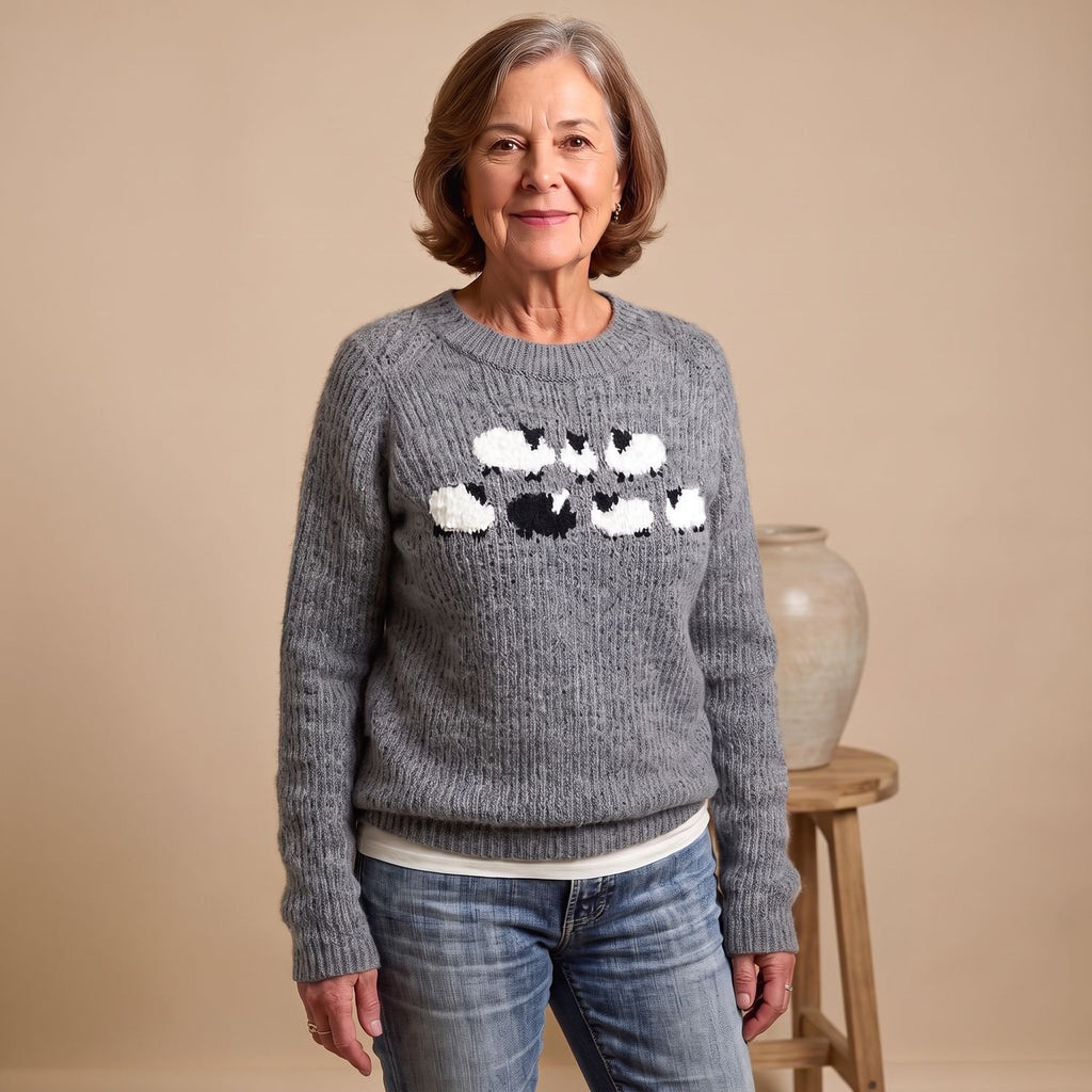 Women's Knit Crewneck Pullover Sweater Sheep Intarsia