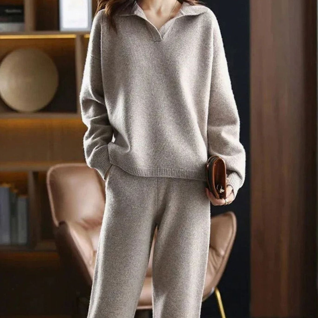 Women's Knit Two-Piece Lounge Outfit Set Relaxed Fit Sweater Pants - Khaki