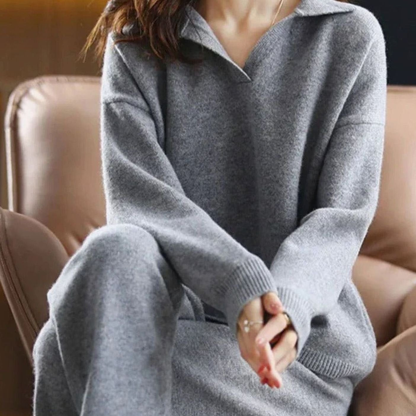 Women's Knit Two-Piece Lounge Outfit Set Relaxed Fit Sweater Pants - Gray