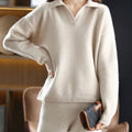 Women's Knit Two-Piece Lounge Outfit Set Relaxed Fit Sweater Pants - Beige