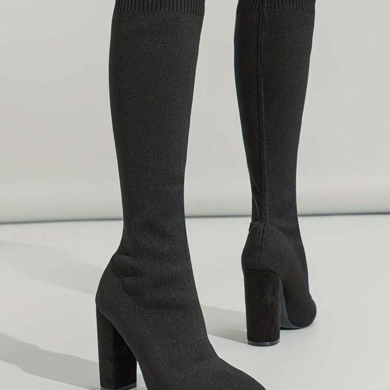 Women's Knitted Knee-High Sock Boots Block Heel
