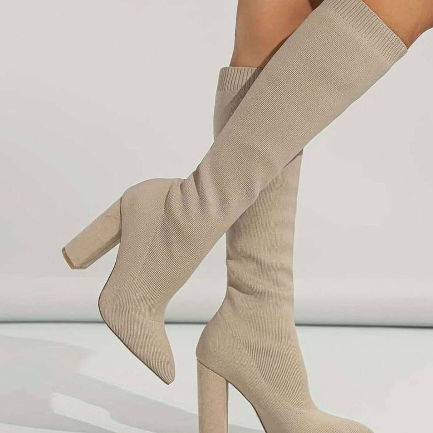 Women's Knitted Knee-High Sock Boots Block Heel