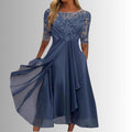 Women's Lace Bodice Chiffon A-Line Formal Dresses Midi Length - Blue