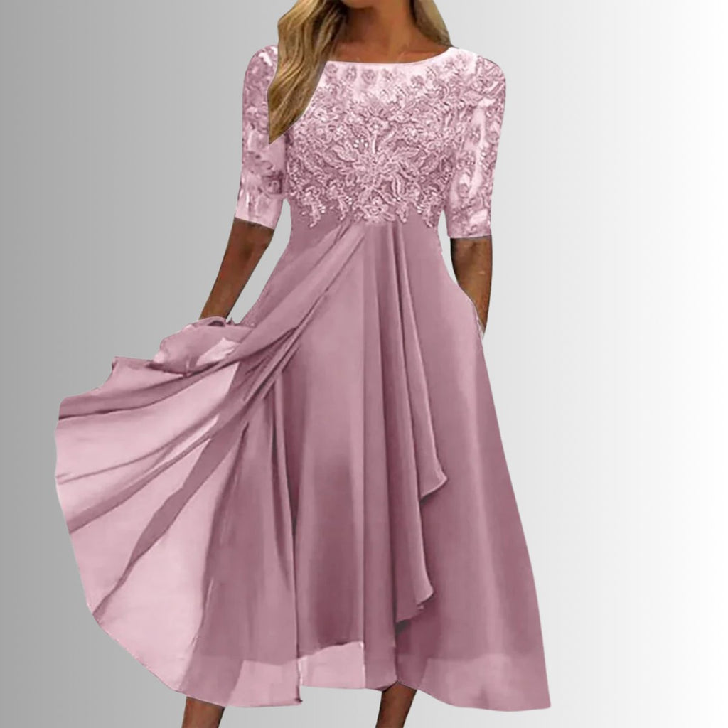 Women's Lace Bodice Chiffon A-Line Formal Dresses Midi Length - Pink