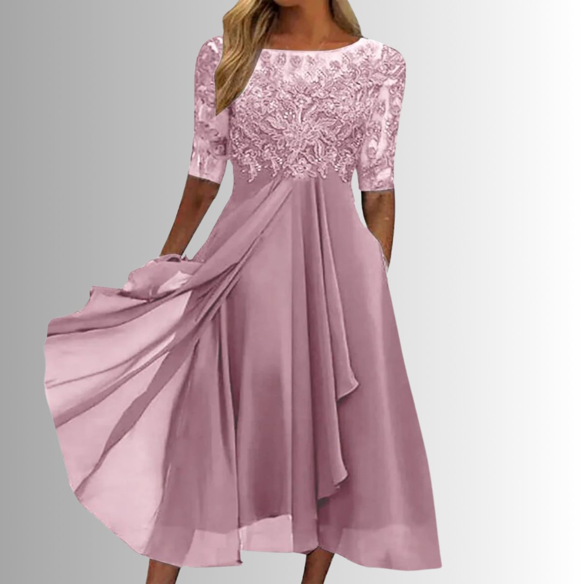 Women's Lace Bodice Chiffon A-Line Formal Dresses Midi Length - Pink