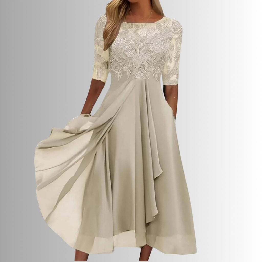 Women's Lace Bodice Chiffon A-Line Formal Dresses Midi Length - Cream