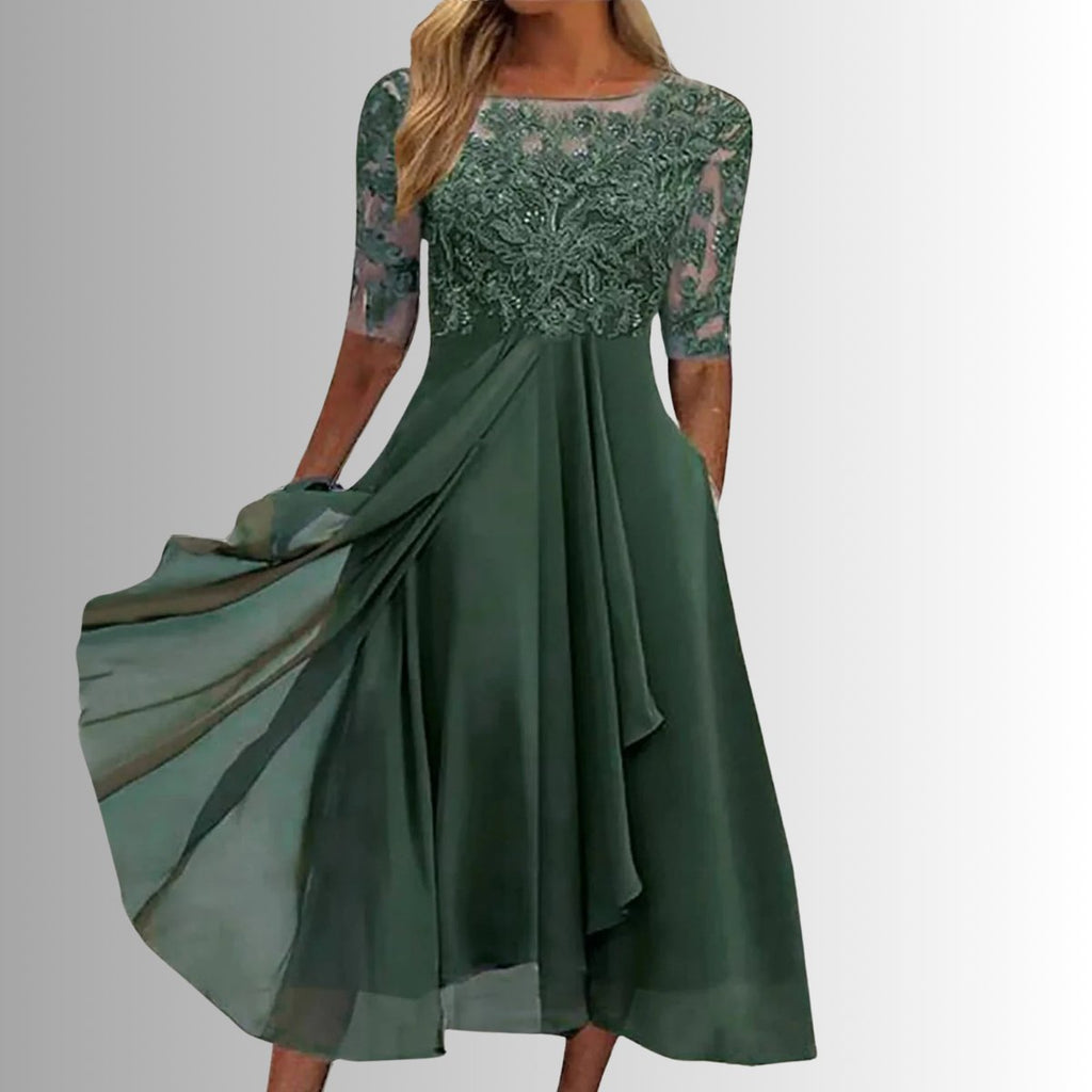 Women's Lace Bodice Chiffon A-Line Formal Dresses Midi Length - Green