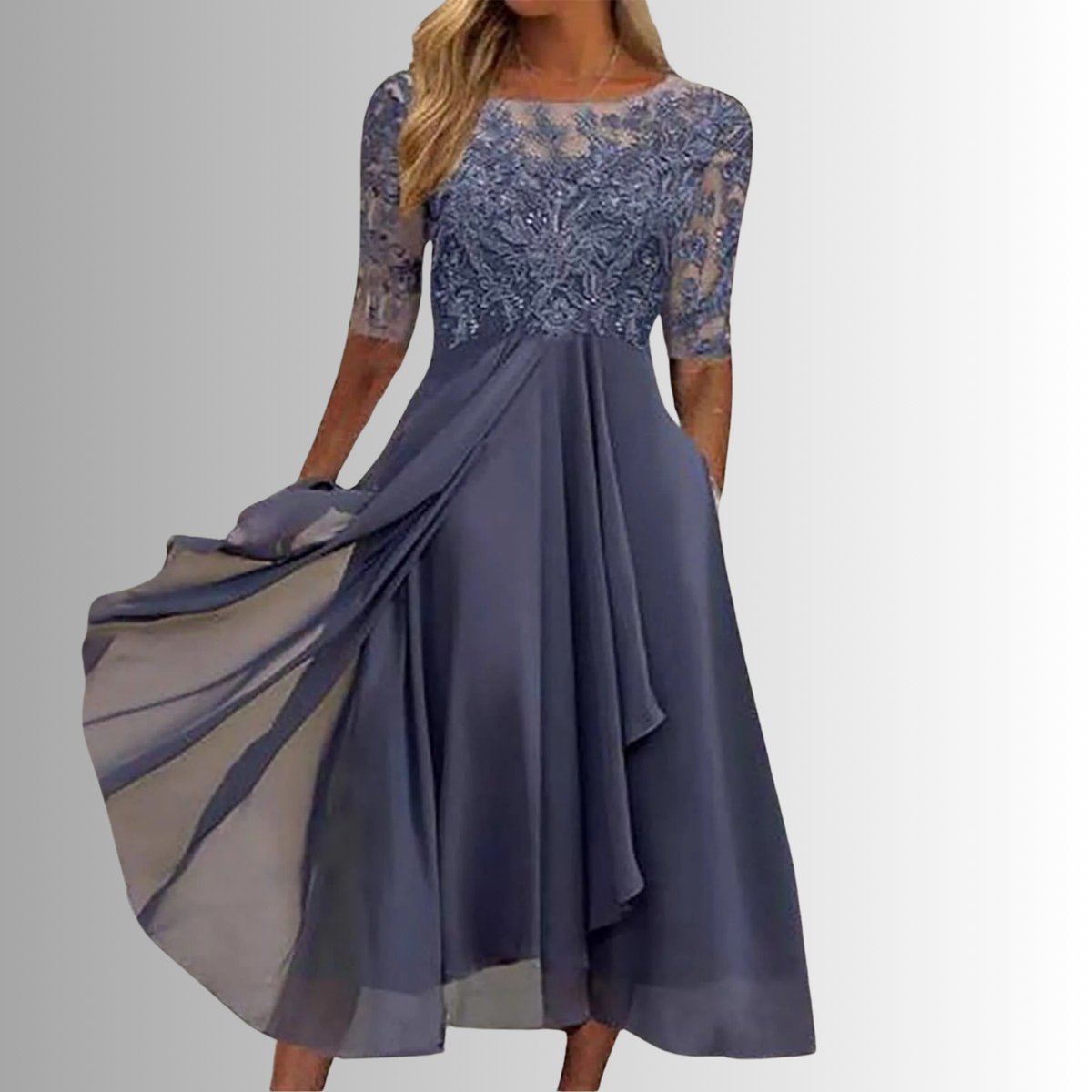 Women's Lace Bodice Chiffon A-Line Formal Dresses Midi Length - Purple